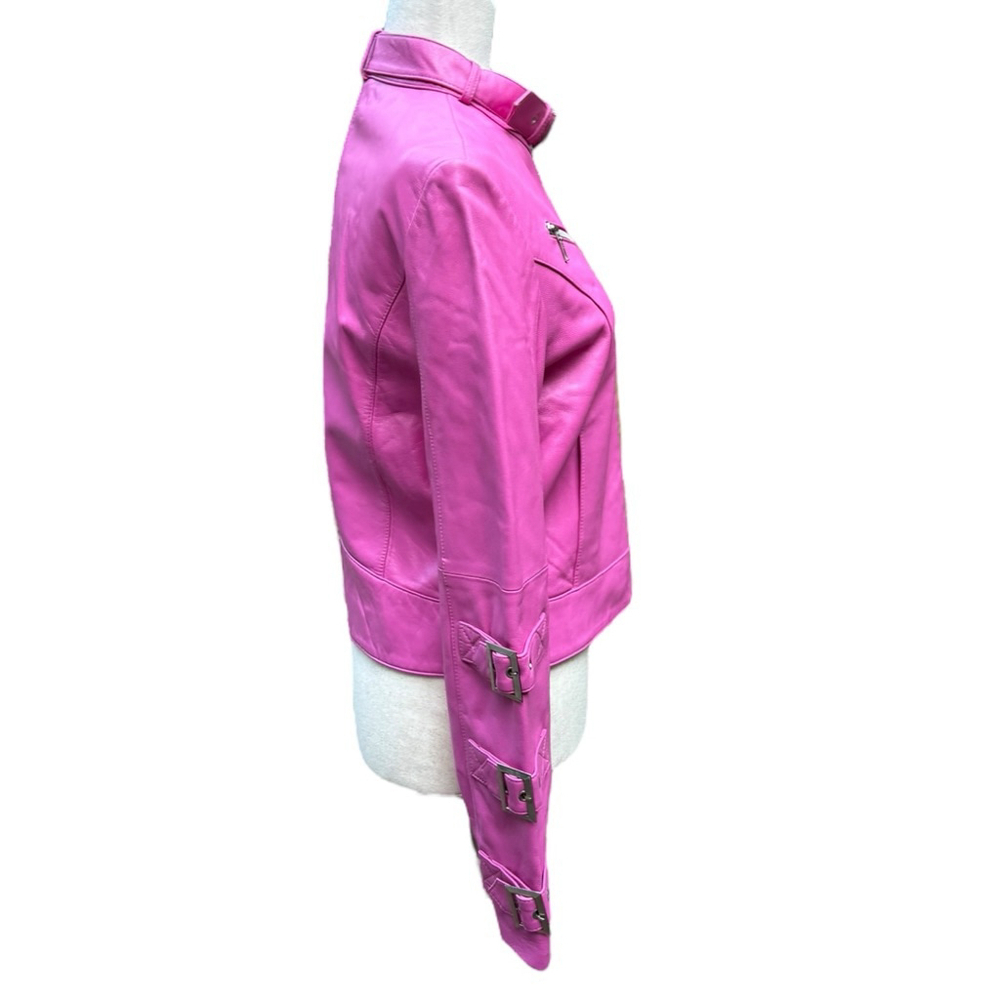 Fuchsia Pink Leather Moto Jacket São Paulo Size 6 – Cropped Buckle Sleeve Biker - Picture 8 of 15